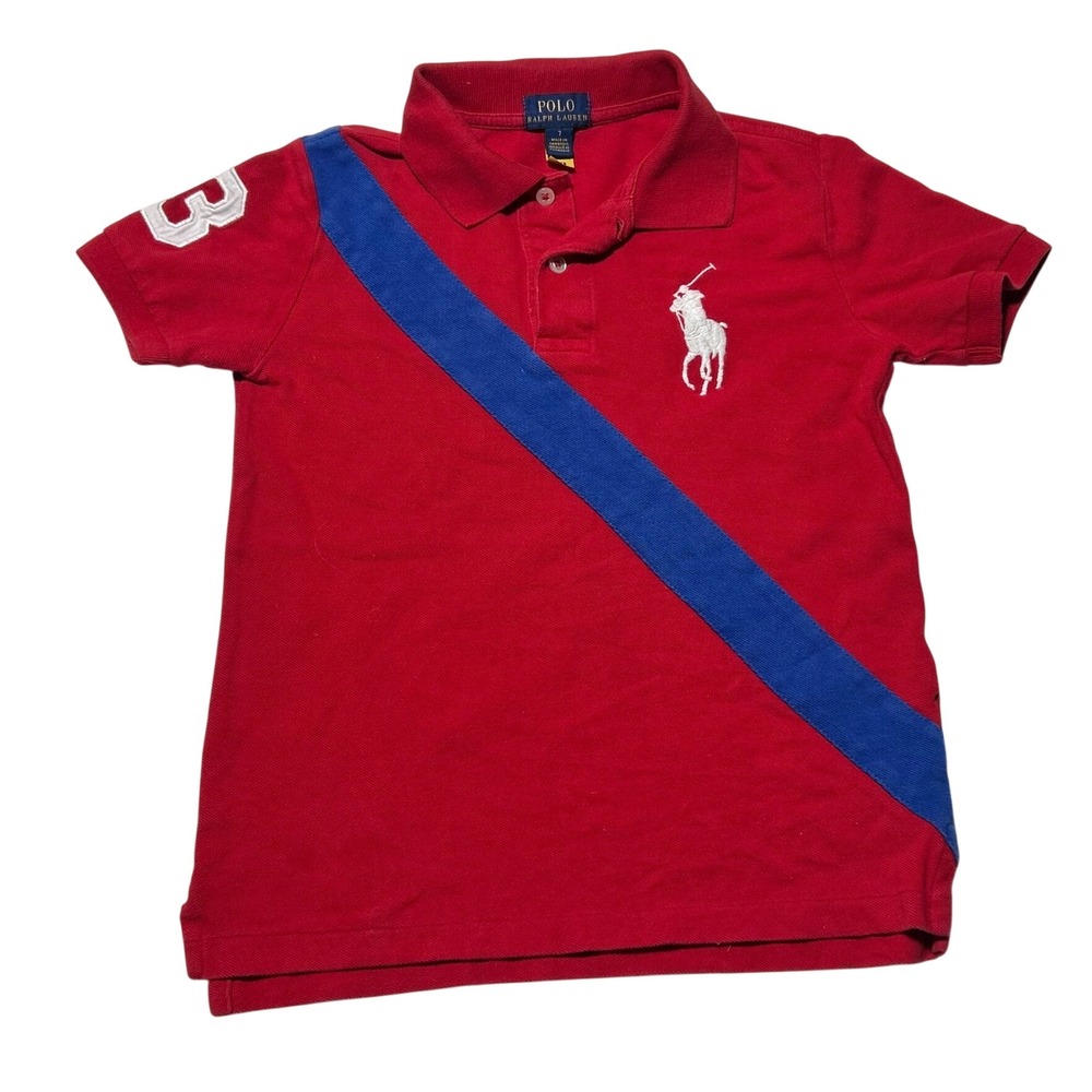 Polo Ralph Lauren Boys Red Blue Sash Big Pony Polo Shirt Size 7 Short Sleeve